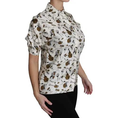 Luxuriöses Seidenmusikinstrument-Print-Polo-Top , Damen, Größe: 3XS - Dolce & Gabbana - Modalova