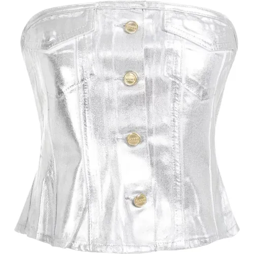Silver Foil Denim Corsage Topwear , female, Sizes: XS, M, S - Ganni - Modalova