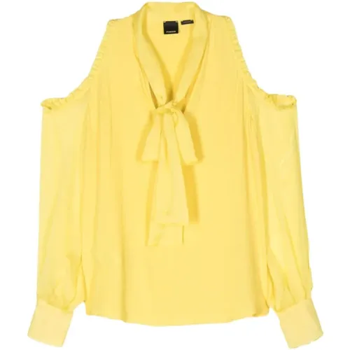 Gelbes Cold-Shoulder Rüschenhemd,Gelbes Crêpe de Chine Shirt mit freien Schultern - pinko - Modalova