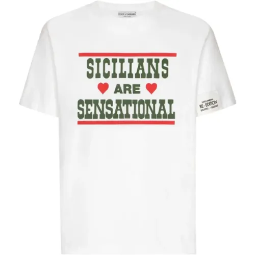 Printed Sicilians Green Red Round Neck Cotton T-Shirt , male, Sizes: L, M, S - Dolce & Gabbana - Modalova