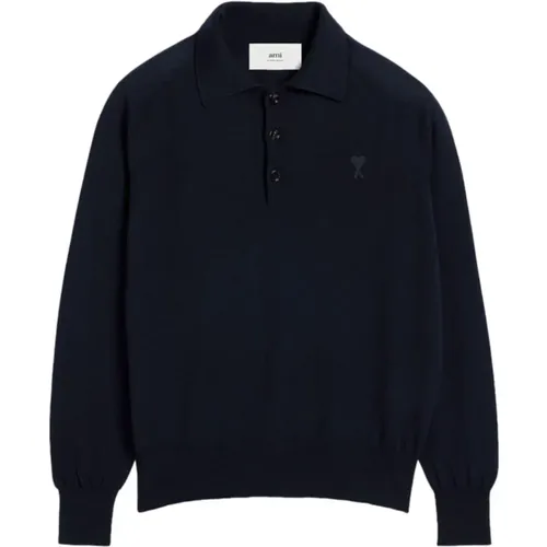 Blaues Woll-Logo-Poloshirt , Herren, Größe: S - Ami Paris - Modalova