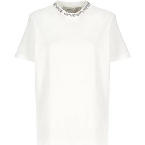 Weiße Kristalldetail Crew Neck T-shirt , Damen, Größe: XS - Golden Goose - Modalova