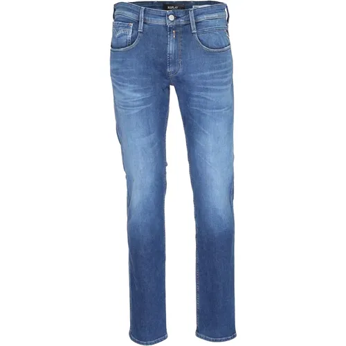 Blaue Einfache Herren Jeans Reißverschluss Knopf , Herren, Größe: W38 L36 - Replay - Modalova