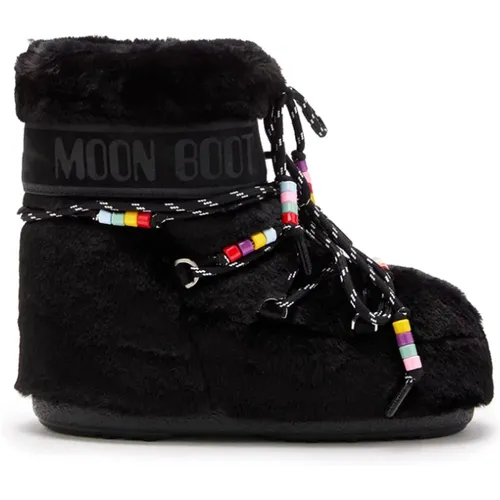 Schwarze Kunstpelz-Perlen-Design-Stiefel , Damen, Größe: 36 EU - moon boot - Modalova