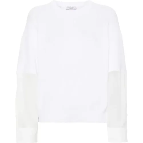 Weiße Pullover für Männer,Weiße Baumwollpullover mit Organza-Ärmeln - BRUNELLO CUCINELLI - Modalova
