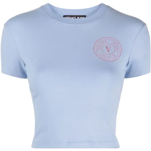 Lilac Glitter Logo T-shirt , female, Sizes: L - Versace Jeans Couture - Modalova