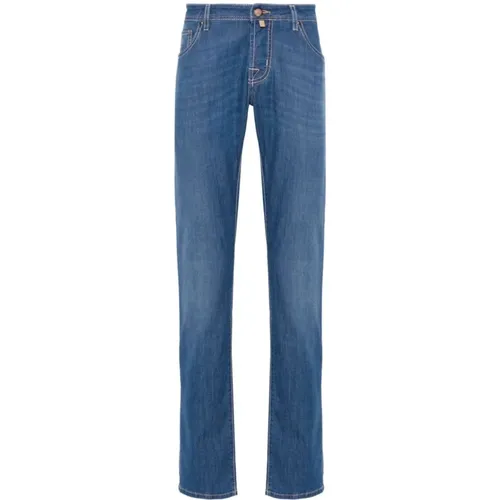 Blaue Stretch-Baumwoll-Denim-Jeans mit Whiskering-Effekt , Herren, Größe: W34 - Jacob Cohën - Modalova