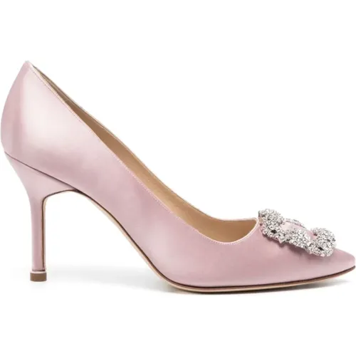 Pink Silk Crystal Buckle Stiletto Heels , female, Sizes: 3 1/2 UK - Manolo Blahnik - Modalova