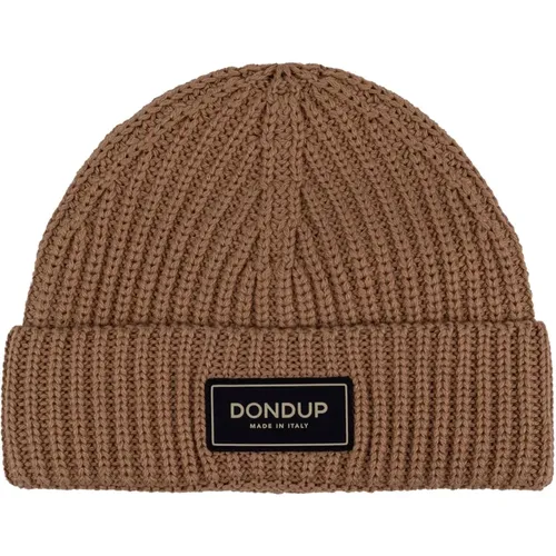 Ribbed wool hat with fabric logo. Italian made. , male, Sizes: ONE SIZE - Dondup - Modalova