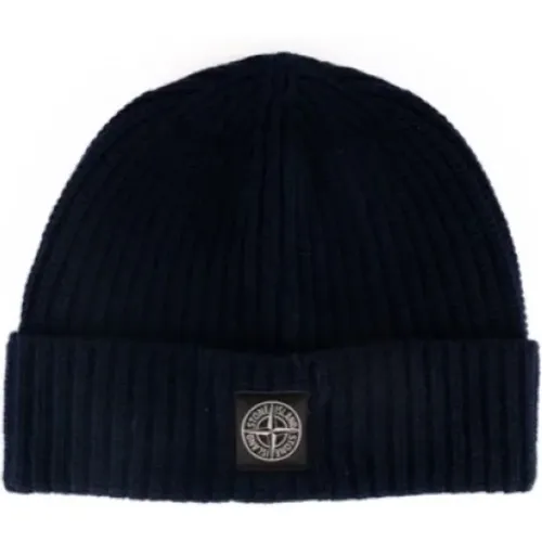 Blaue Woll-Ripp-Logo-Beanie-Mütze , Herren, Größe: ONE Size - Stone Island - Modalova