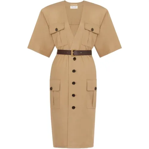 Cotton Twill Dress with Brown Leather Belt , female, Sizes: S, XL, M, L - Saint Laurent - Modalova