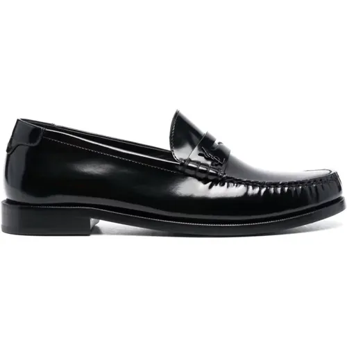 Schwarze flache Schuhe mit YSL-Monogramm,Metall-Monogramm Lederloafer - Saint Laurent - Modalova