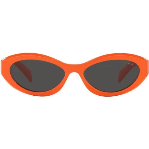 Sonnenbrille mit unregelmäßiger Form, orangefarbenem Rahmen und dunkelgrauen Gläsern - Prada - Modalova