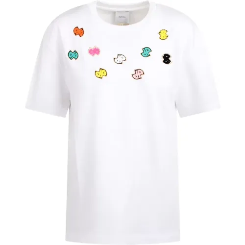 Cotton t-shirt with colorful embroidered logos , female, Sizes: M - Patou - Modalova
