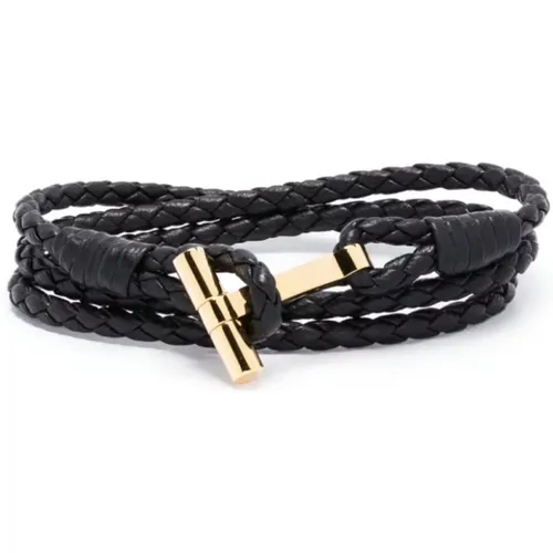 Woven Leather Bracelet with Gold T Buckle , male, Sizes: L - Tom Ford - Modalova