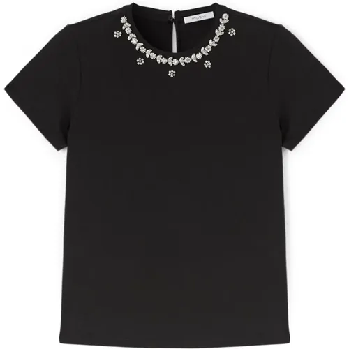 T-Shirt mit Kristallverzierung , Damen, Größe: XS - Motivi - Modalova