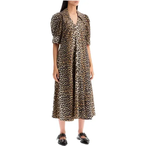 Leopardenmuster Popeline Midi Kleid , Damen, Größe: XS - Ganni - Modalova