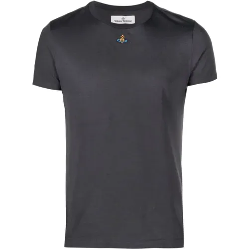 Graue Baumwoll-T-Shirts und Polos mit Signature Orb Logo , Herren, Größe: XS - Vivienne Westwood - Modalova