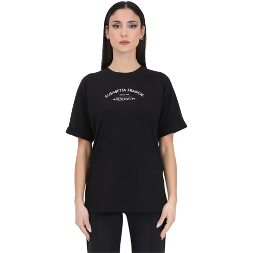 Schwarzes Logo T-Shirt mit Nieten , Damen, Größe: L - Elisabetta Franchi - Modalova
