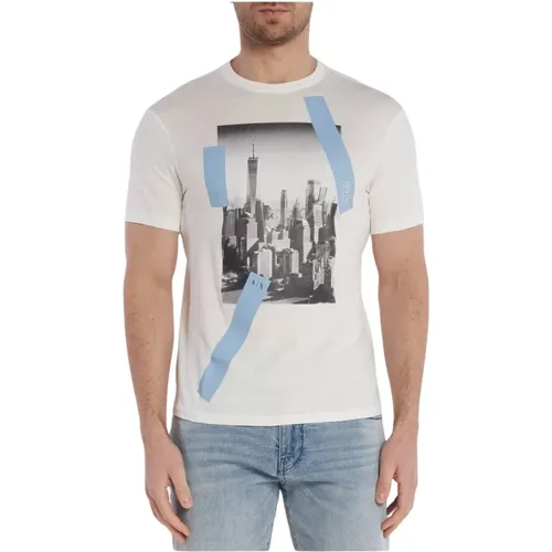 Bedrucktes T-Shirt - Weiß Rundhals Kurzarm , Herren, Größe: S - Armani Exchange - Modalova