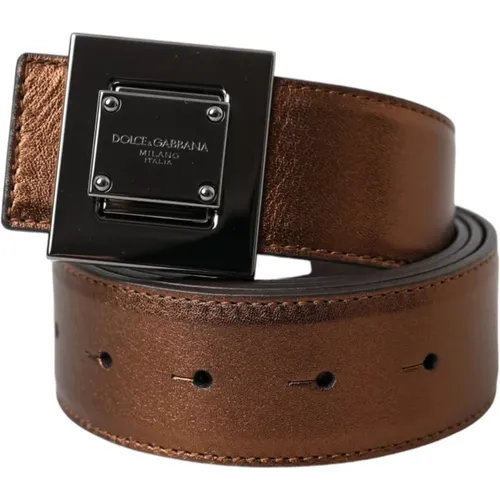 Metallic Bronze Leather Belt with Square Metal Buckle , female, Sizes: 85 CM - Dolce & Gabbana - Modalova