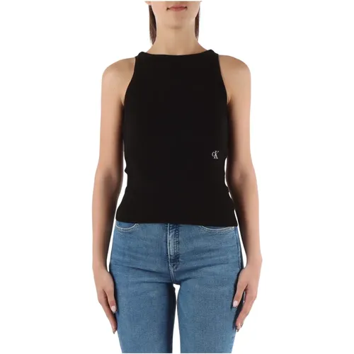 Geripptes Lyocell-Top mit Frontlogo , Damen, Größe: XS - Calvin Klein Jeans - Modalova