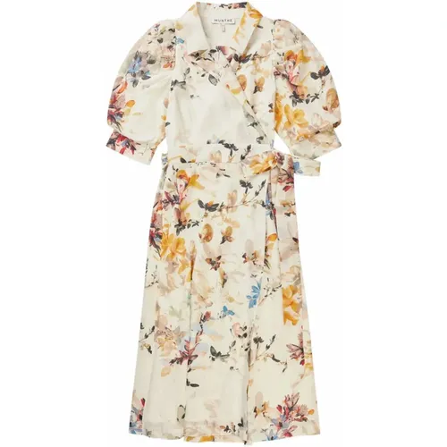 Beautiful Wrap Shirt Dress with Puff Sleeves and Floral Print , female, Sizes: 2XS - Munthe - Modalova