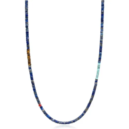 Blue Lapis Heishi Necklace with Tiger Eye and Turquoise , male, Sizes: XL - Nialaya - Modalova