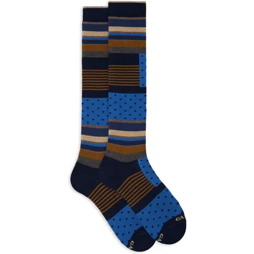 Lange blaue Baumwollsocken für Herren mit mehrfarbigem Blockmotiv, Polka Dots und Windsor-Streifen - Gallo - Modalova