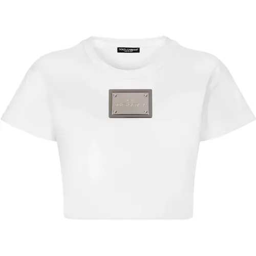 Kim Cropped T-Shirt with Tag , female, Sizes: M - Dolce & Gabbana - Modalova