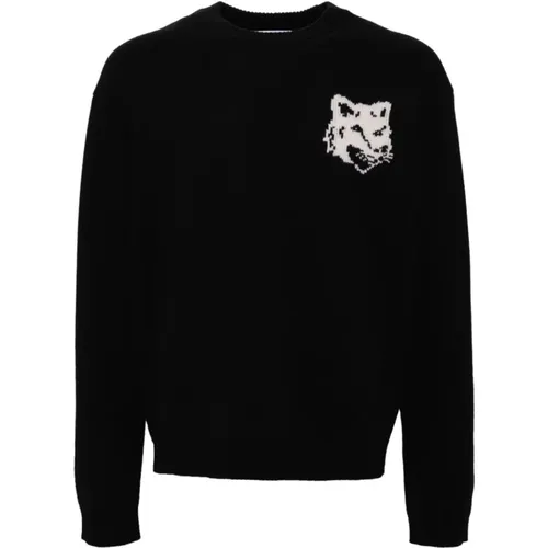 Schwarzer Fox Head Wollpullover Sweater , Herren, Größe: M - Maison Kitsuné - Modalova