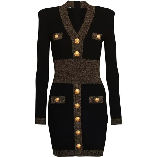 V-neck golden edge knit dress , female, Sizes: S - Balmain - Modalova