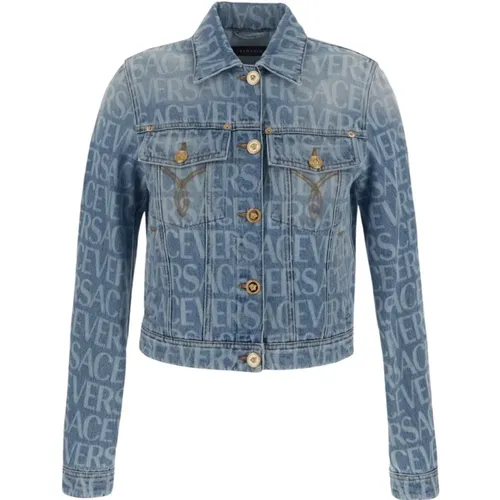 Logo Denim Cropped Jacket , female, Sizes: S - Versace - Modalova