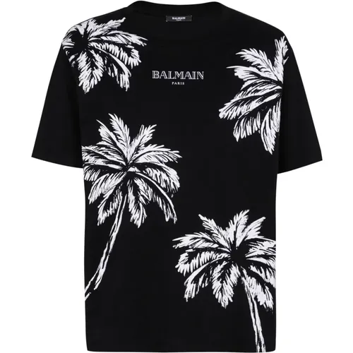 Vintage T-Shirt mit Palmenprint,Schwarzes Baumwoll-Jersey-Logo-Print-T-Shirt,Schwarzes Logo T-Shirt und Polo - Balmain - Modalova