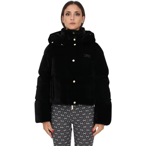 Velvet Puffer Jacket with Detachable Hood , female, Sizes: XL - Elisabetta Franchi - Modalova