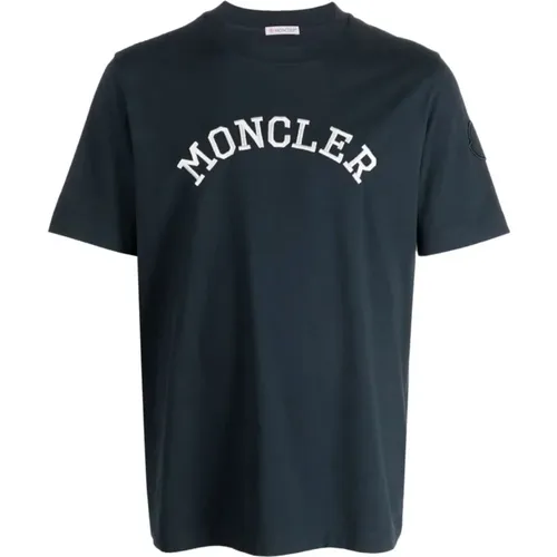 Logo Embroidered Navy T-Shirt , male, Sizes: M - Moncler - Modalova