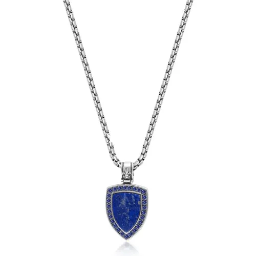 Silver Necklace with Lapis Shield Pendant , Herren, Größe: ONE Size - Nialaya - Modalova