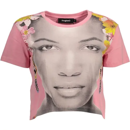 Rosa Baumwoll T-Shirt mit Kurzen Ärmeln und Applikationen , Damen, Größe: L - Desigual - Modalova