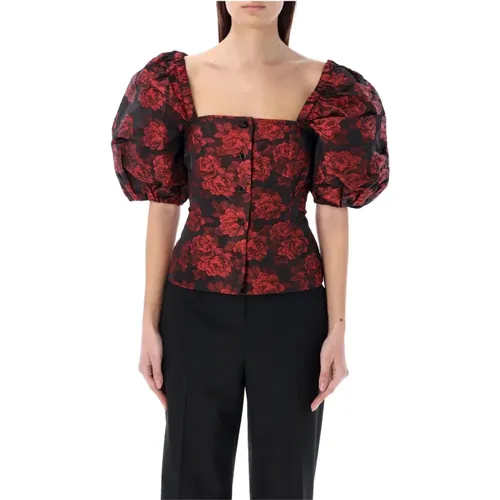 Botanisches Jacquard-Ballonärmel-Top , Damen, Größe: L - Ganni - Modalova