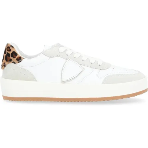 Weiße Ledersneaker mit Animal-Print , Damen, Größe: 41 EU - Philippe Model - Modalova