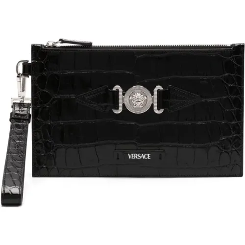 Croco Embossed Flat Pouch Bag , male, Sizes: ONE SIZE - Versace - Modalova