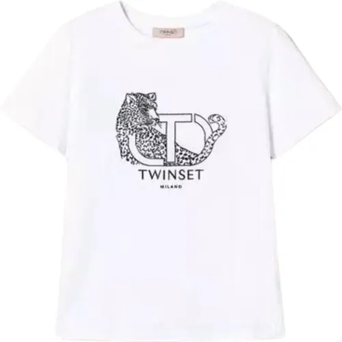 Weiße T-Shirt mit Jaguar Grafik , Damen, Größe: S - Twinset - Modalova