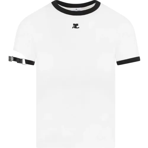 Weiße Baumwoll-T-Shirt mit Schnalldetail , Damen, Größe: XS - Courrèges - Modalova