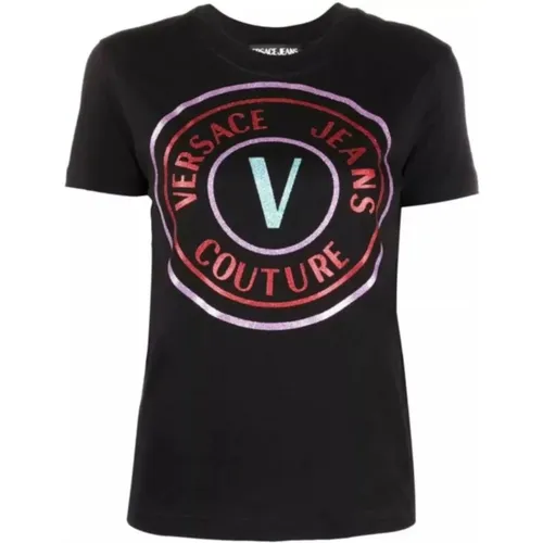 Glitter Logo Short Sleeve T-shirt , female, Sizes: M, XS - Versace Jeans Couture - Modalova