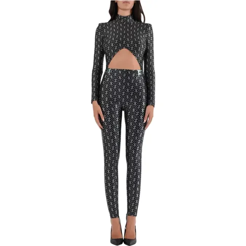 Stretch Lycra Jumpsuit with All-Over Logo Print , female, Sizes: M - Elisabetta Franchi - Modalova