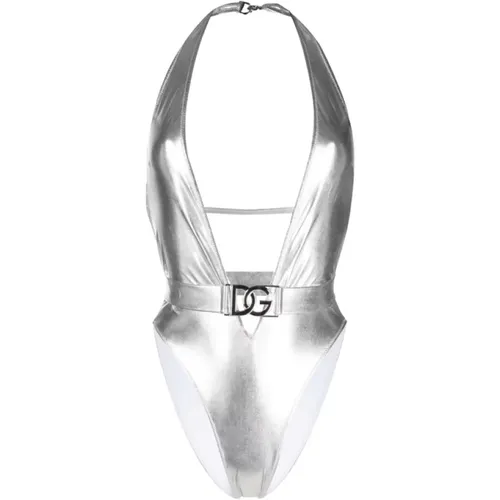 Silver-tone Plunge Neck Swimsuit , female, Sizes: M - Dolce & Gabbana - Modalova