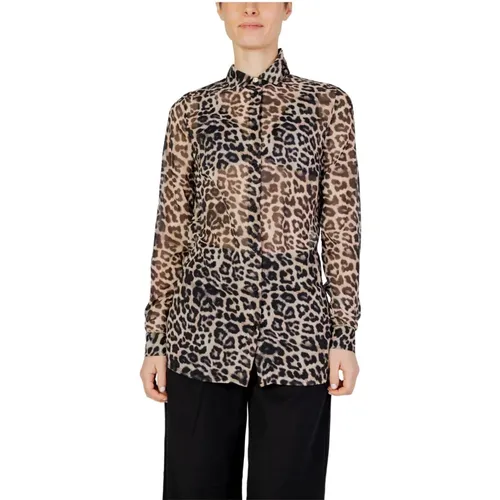 Leopard Print Long Sleeve Button-Up Shirt , female, Sizes: L, M - Guess - Modalova