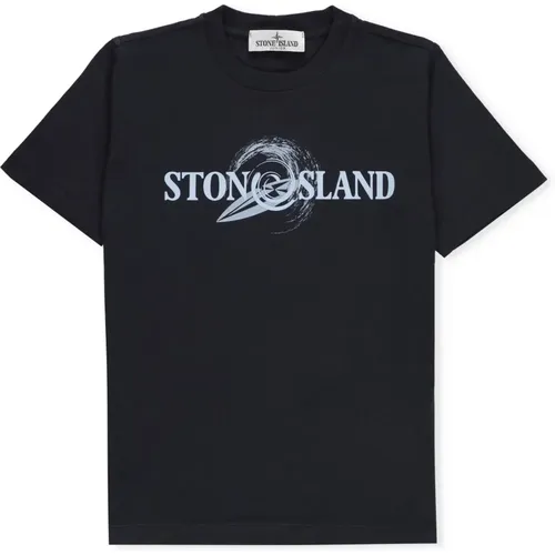 Blaues Baumwoll-T-Shirt für Jungen mit Kontrastlogo - Stone Island - Modalova