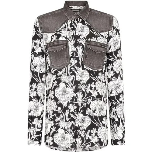 Flower Print Shirt with Denim Details , male, Sizes: XL - Dolce & Gabbana - Modalova
