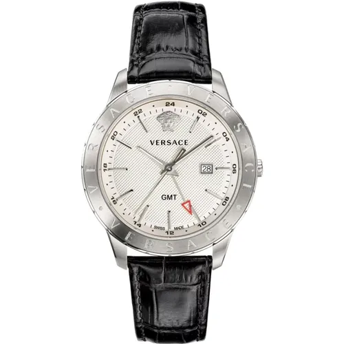 GMT Schwarz Leder Silber Edelstahl Uhr - Versace - Modalova